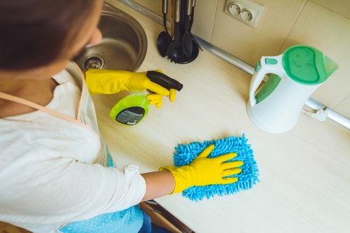 Clean kitchen countertop and cabinets