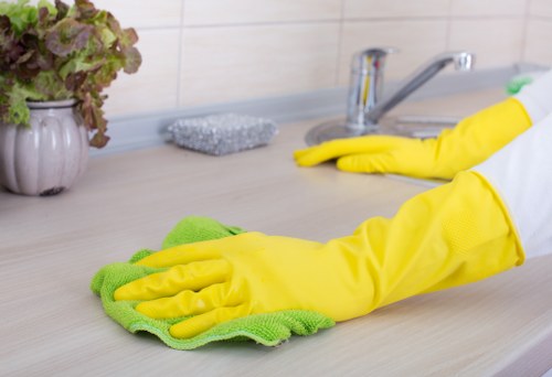 Various kitchen areas being meticulously cleaned