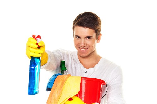 Professional cleaner working on kitchen cabinets